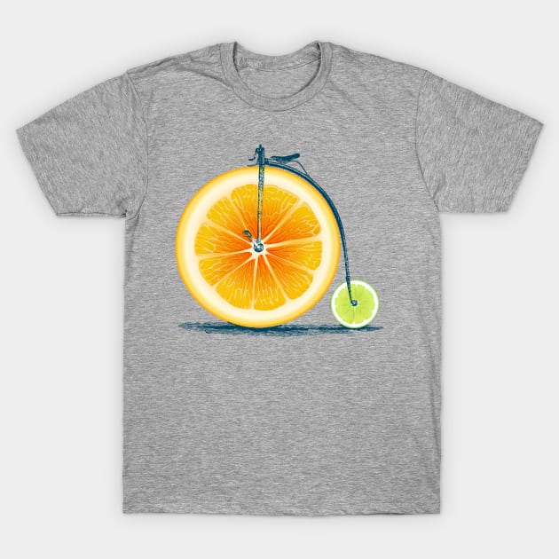 Vintage Orange Lime Bike with Retro Cycle Frame Look and Orange and Green Citrus Wheels, where you sit on Top of Orange T-Shirt by Olloway